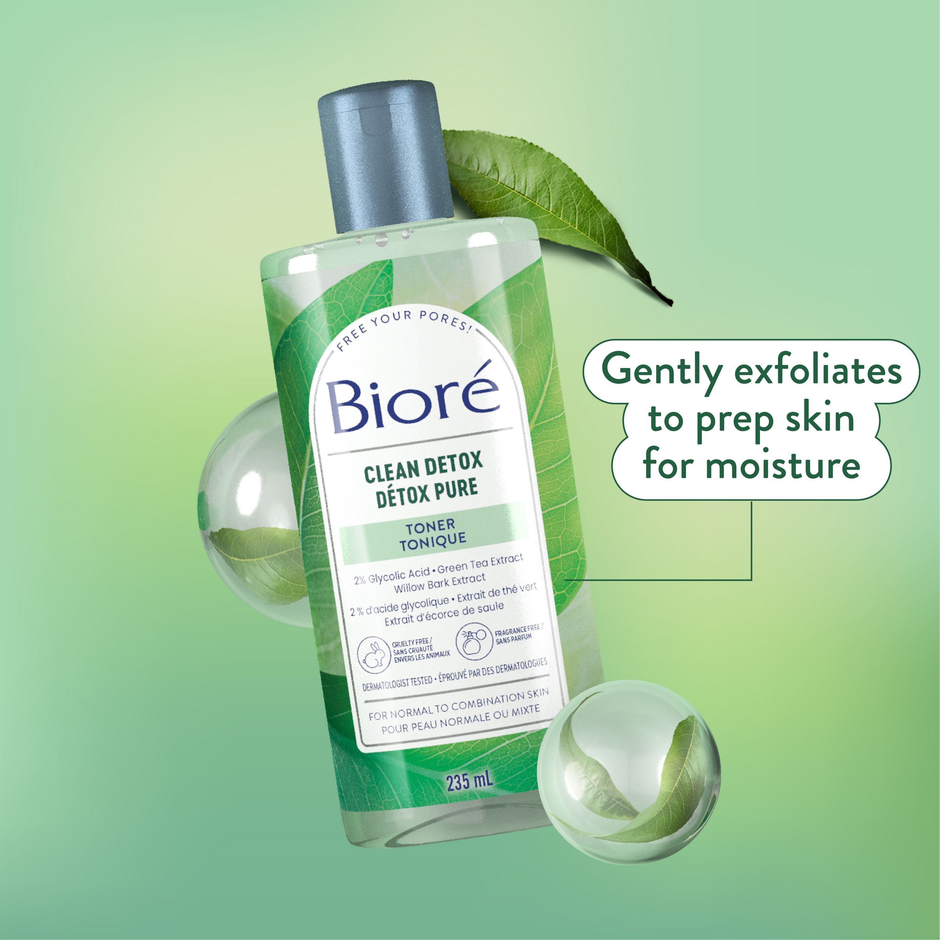 English: Gently exfoliates to prep skin for moisture Français: Exfolie en douceur pour préparer la peau à l’hydratation.