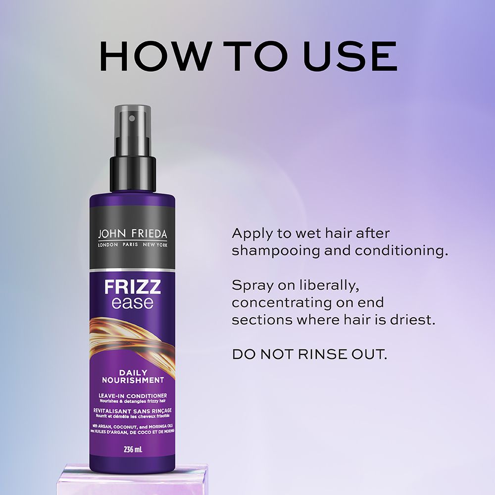 English: How to use, apply to wet hair after shampooing and conditioning. Spray on liberally, concentrating on end sections where hair is driest. Do not rinse out. Français: Mode d’emploi : appliquer sur les cheveux mouillés après le shampooing et le revitalisant. Vaporiser généreusement, en insistant sur les pointes, là où les cheveux sont le plus secs. Ne pas rincer.