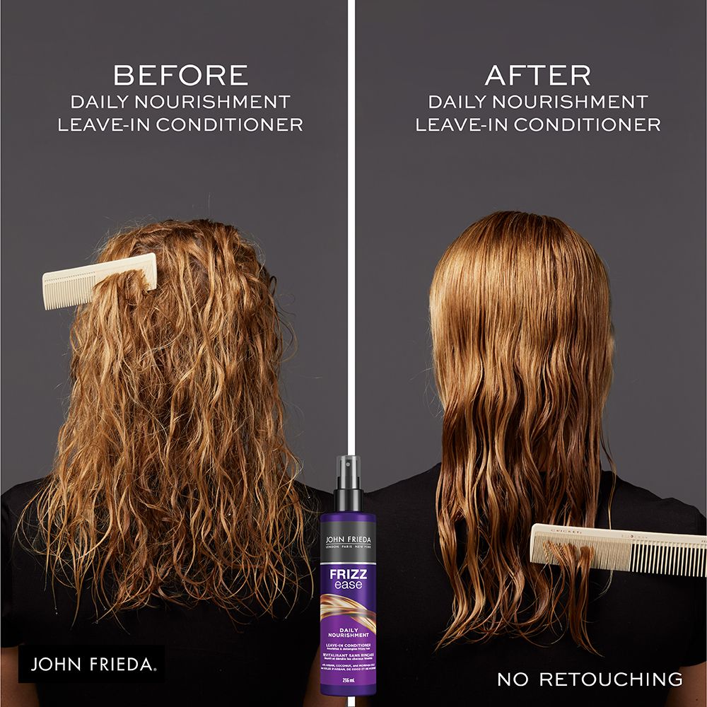 English: Before daily nourishment leave-in conditioner John Frieda. After daily nourishment leave-in conditioner no retouching. Français: Avant le revitalisant sans rinçage Nourrissement quotidien, John Frieda. Après le revitalisant sans rinçage Nourrissement quotidien Photo non retouchée.
