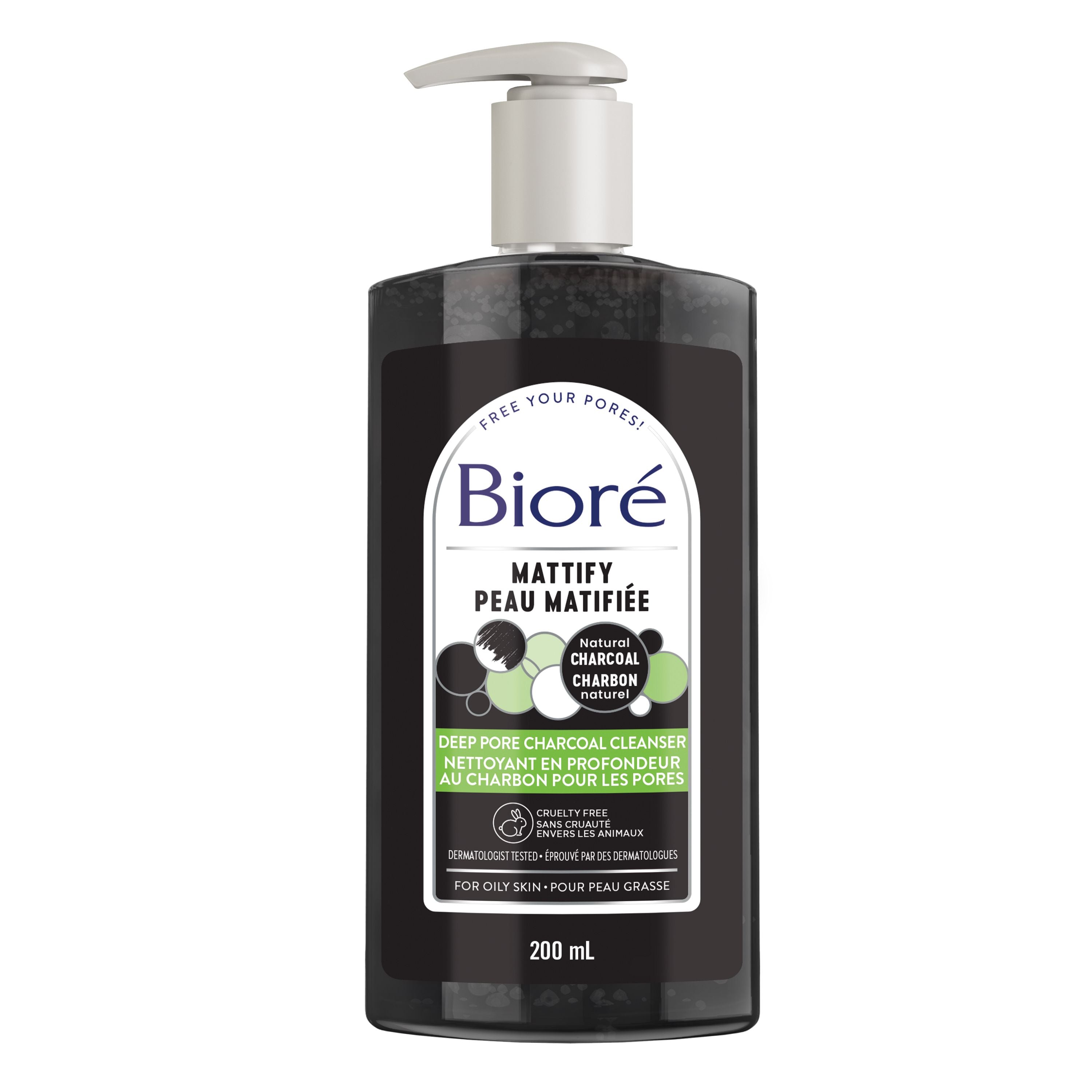 English: Oil Control Deep Pore Charcoal Cleanser product image. It comes in a pump bottle. Français: Image du produit Nettoyant en profondeur au charbon pour les pores et le contrôle du sébum. Offert dans une bouteille à pompe.