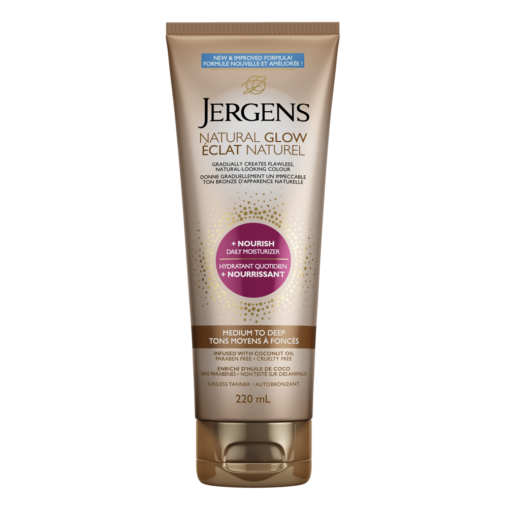 English: Natural Glow + Nourish Daily Moisturizer product image. It comes in a brown squeeze tube. Français: Image du produit Hydratant quotidien + Nourrissant Éclat Naturel. Offert dans un tube brun à presser.