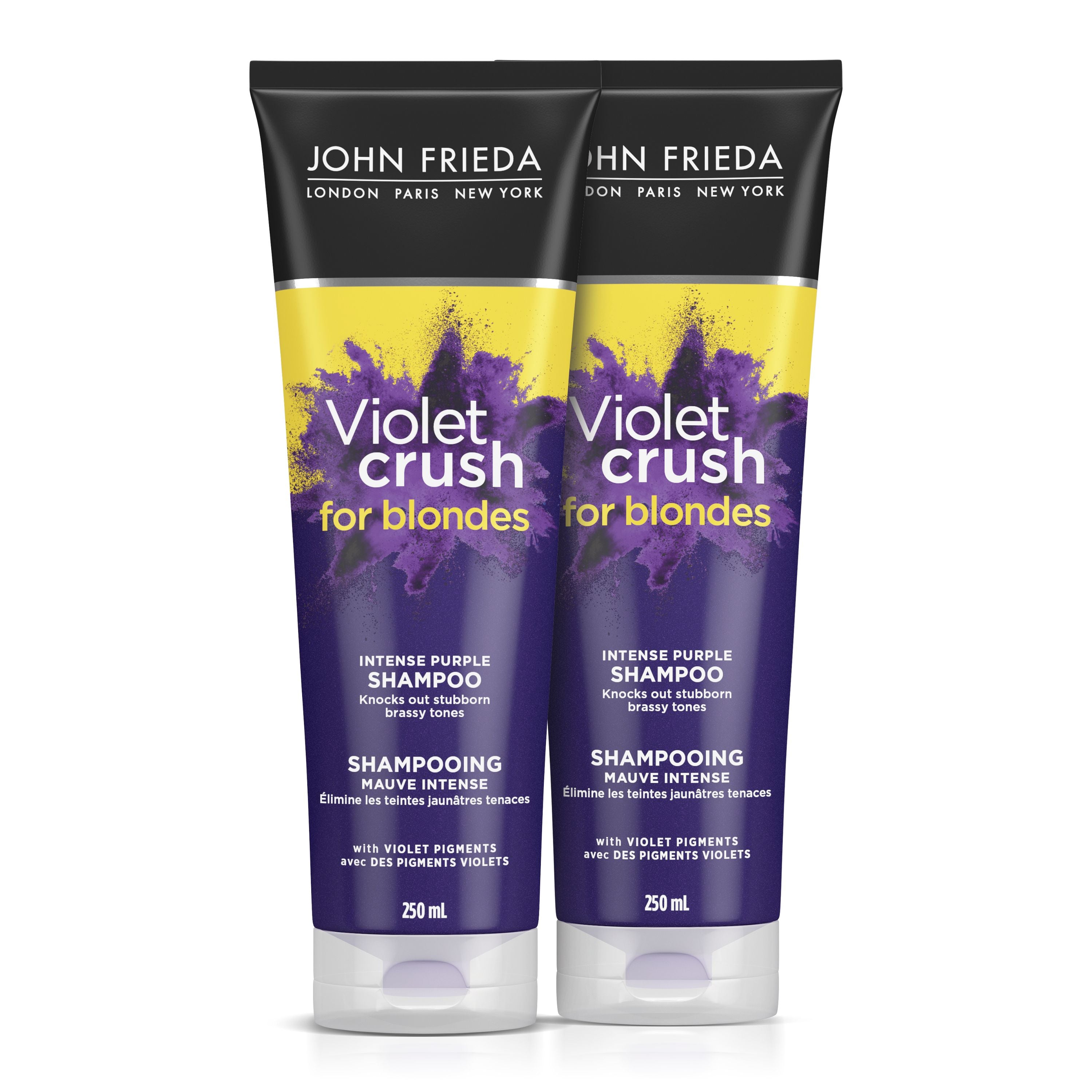 English: Violet Crush® Intense Shampoo Bundle product image. The shampoos come in a squeeze tube. Français: Image du produit Ensemble de shampooings mauves intenses Violet CrushMD. Les shampooings sont offerts dans un tube à presser.