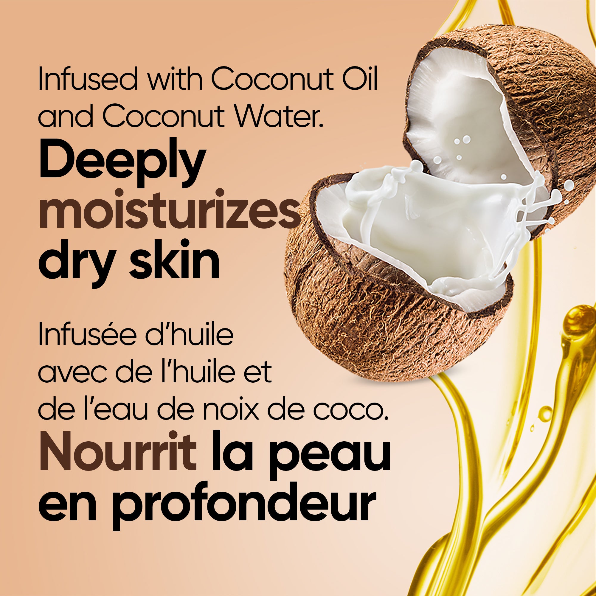 English: Infused with coconut oil and coconut water. Deeply moisturizes dry skin Français: Formule enrichie d’huile et d’eau de coco. Hydrate en profondeur la peau sèche