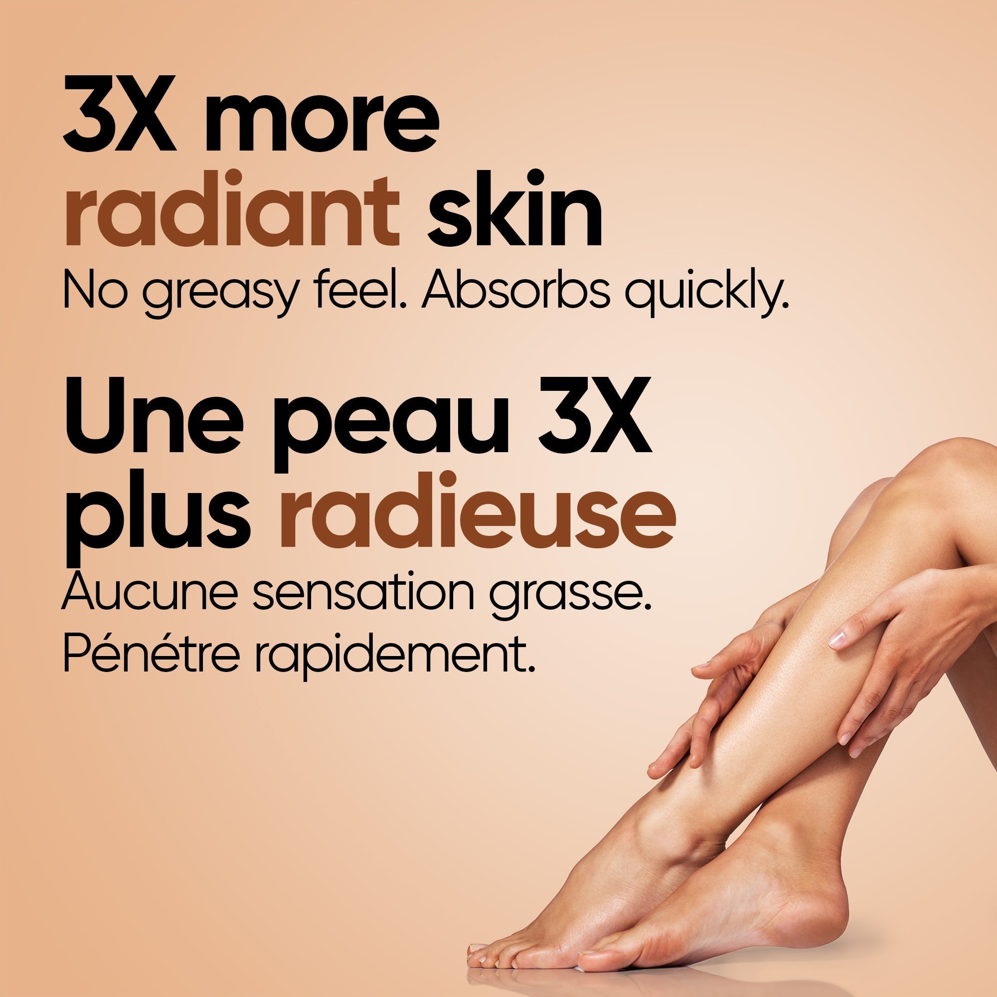 English: 3x more radiant skin no greasy feel. Absorbs quickly Français: Une peau 3x plus radieuse, sans sensation grasse. à absorption rapide