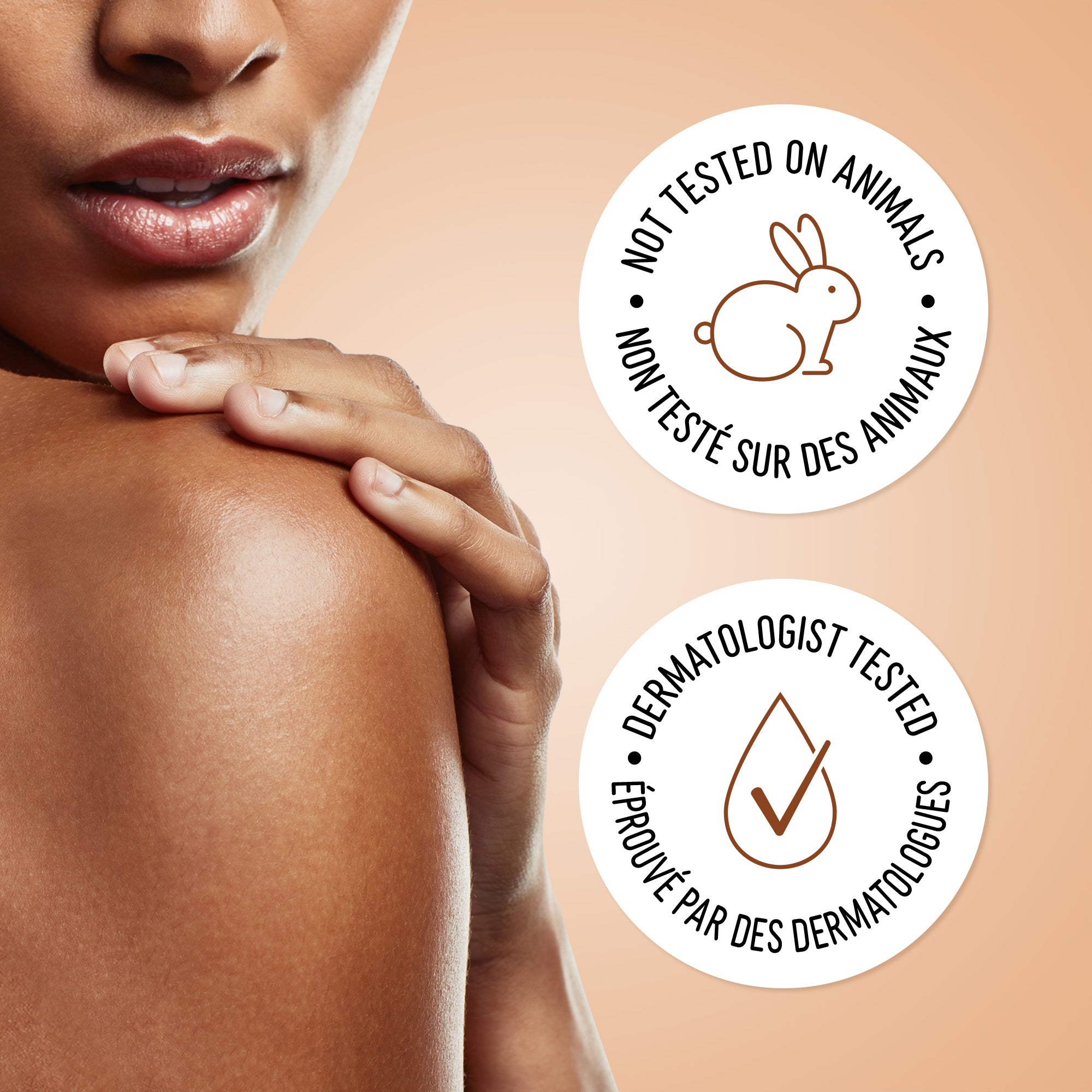 English: Not tested on animals, dermatologist tested Français: Non testé sur des animaux, éprouvé par des dermatologues