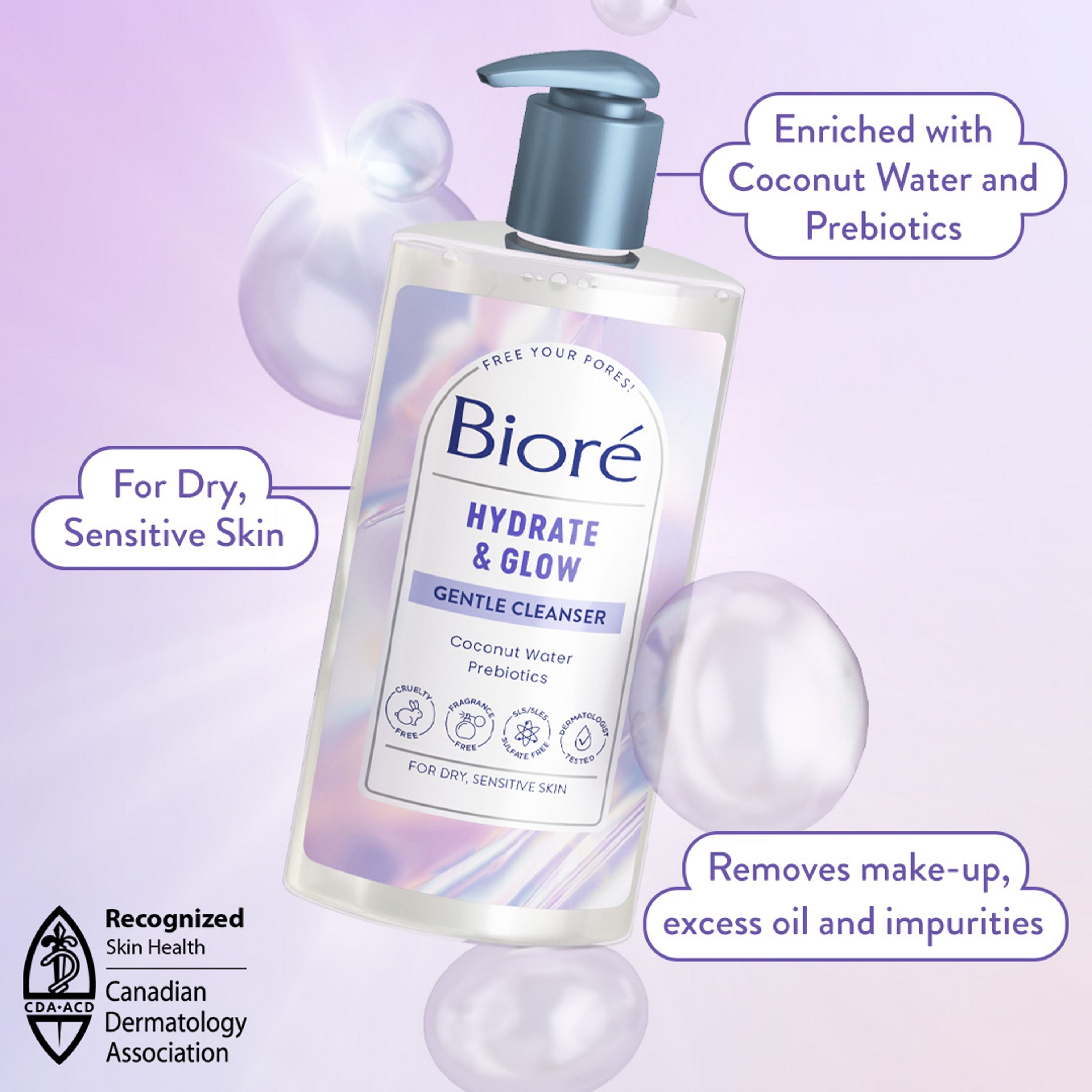 English: Enriched with coconut water and prebiotics. For dry sensitive skin. Removes make-up, excess oil and impurities. Recognized skin health. Canadian Dermatology Association Français: Enrichi avec de l’eau de coco et des prébiotiques. Pour peau sèche et sensible. Démaquille et élimine l’excès de sébum et les impuretés. Reconnu Santé de la peau. Association canadienne de dermatologie