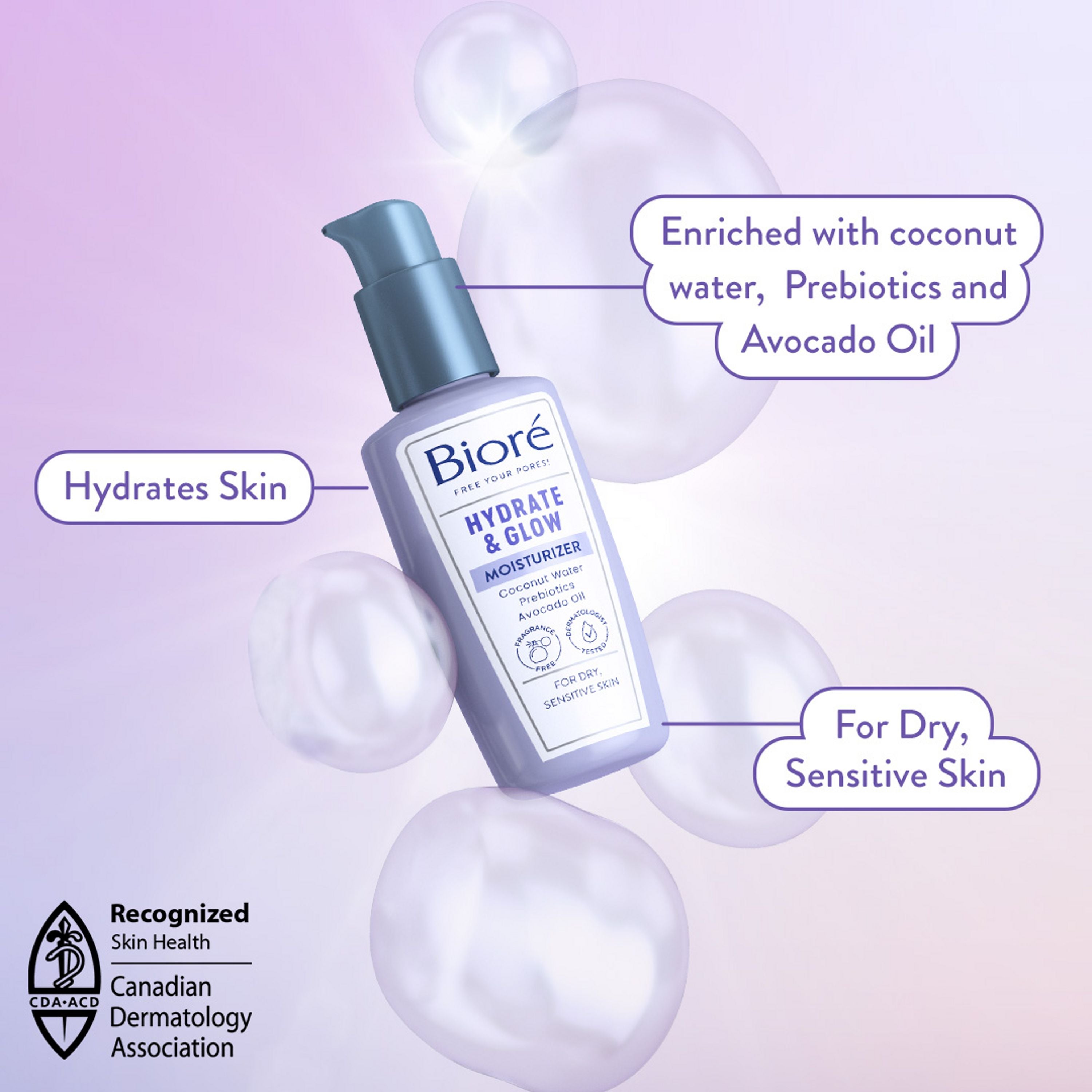 English: Hydrate & Glow Moisturizer product image. It comes in a purple pump bottle. Français: Enrichi avec de l’eau de coco, des prébiotiques et de l’huile d’avocat. Hydrate la peau. Pour peau sèche et sensible. Reconnu Santé de la peau, Association canadienne de dermatologie
