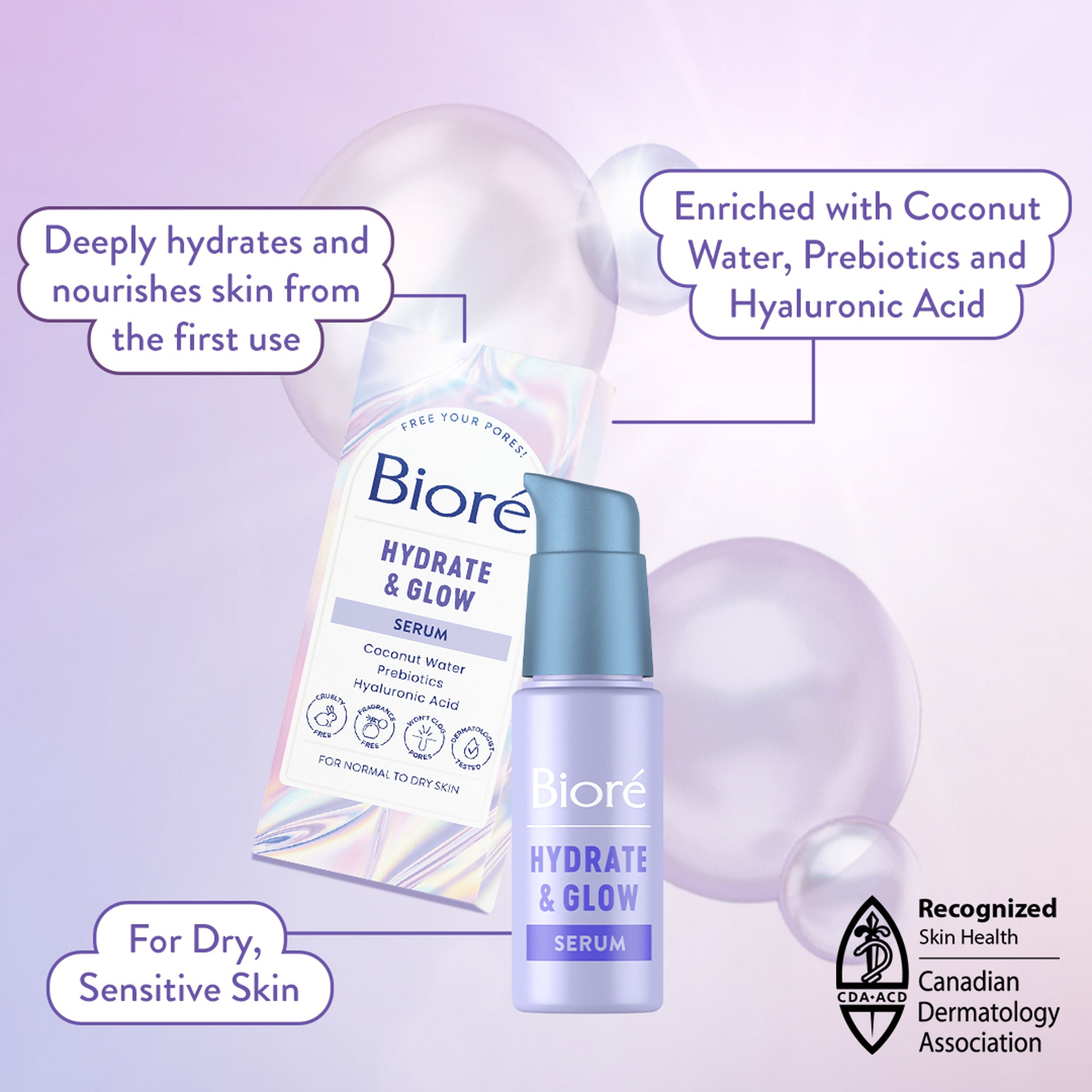 English: Deeply hydrates and nourish skin from the first use. Enriched with coconut water, prebiotics and hyaluronic Acid. For dry, sensitive skin. Recognized skin health, Canadian dermatology association Français: Hydrate et nourrit la peau en profondeur dès le premier usage. Enrichi avec de l’eau de coco, des prébiotiques et de l’acide hyaluronique. Pour peau sèche et sensible. Reconnu Santé de la peau, Association canadienne de dermatologie