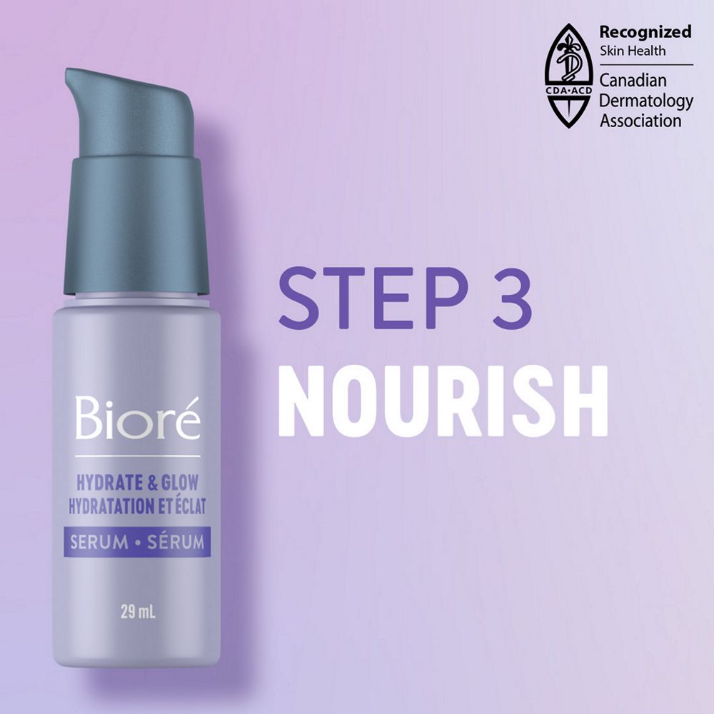 English: Recognized skin health, Canadian dermatology association. Step 3 nourish Français: Reconnu Santé de la peau, Association canadienne de dermatologie. Étape 3 : nourrir