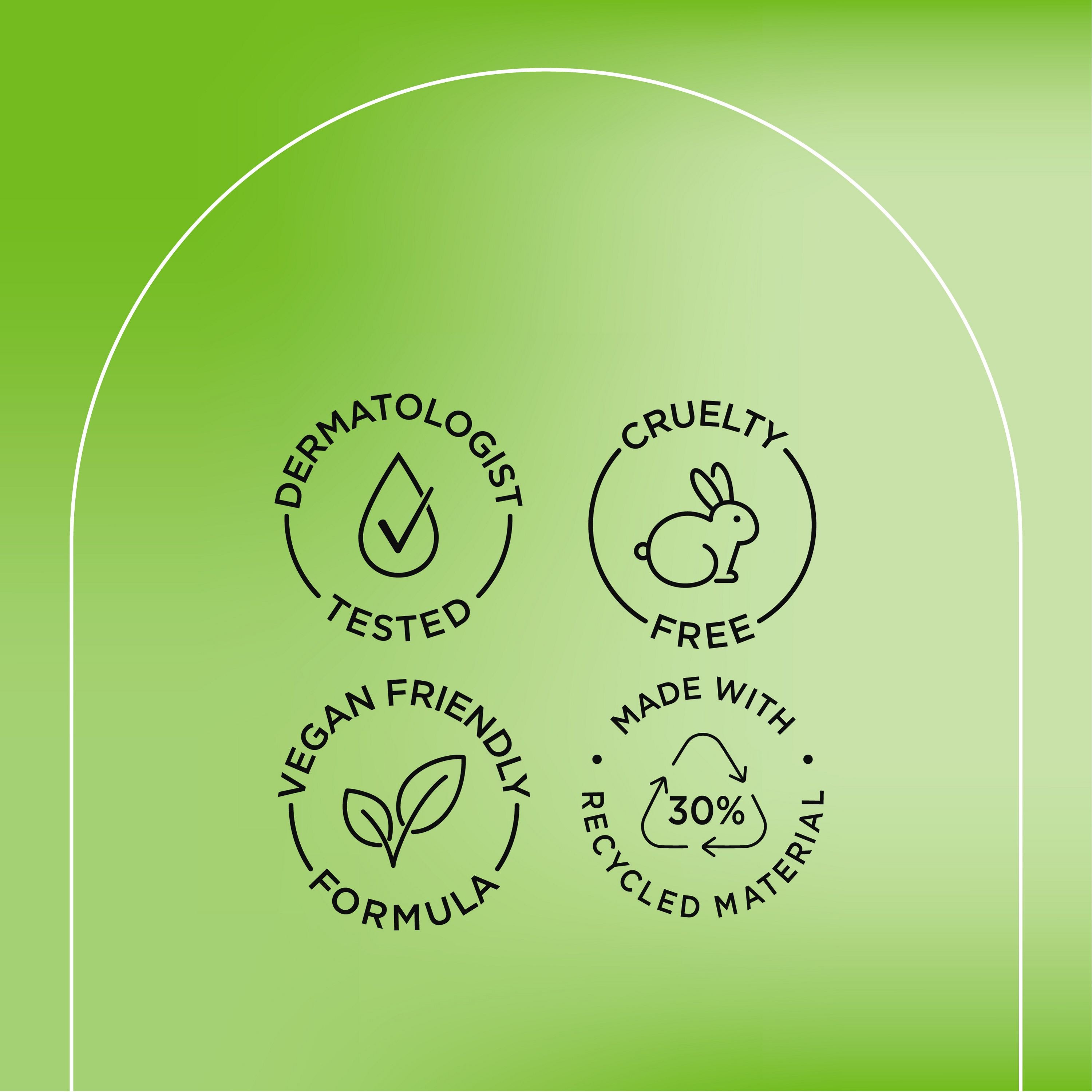 English: Dermatologist tested, cruelty free, vegan friendly formula, made with recycled material Français: Éprouvé par des dermatologues, sans cruauté envers les animaux, formule végane, fait de matières recyclées