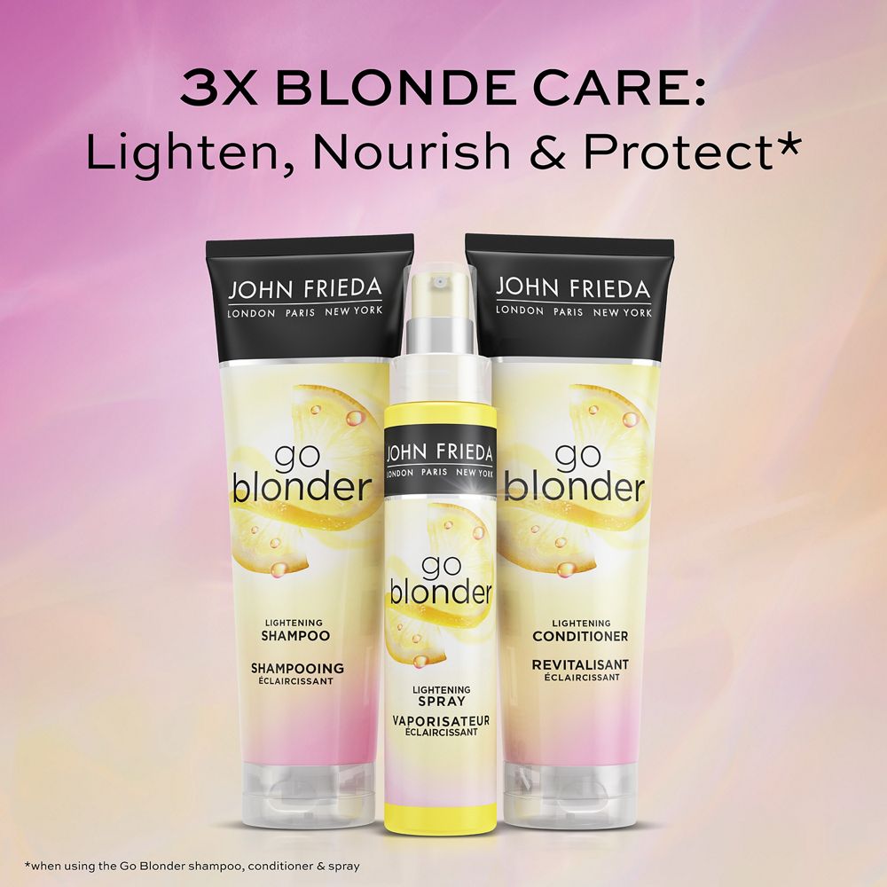 English: 3 x Blonde care: lighten, nourish & protect *when using the Go blonder shampoo, conditioner & spray Français: Triple soin pour cheveux blonds : éclaircit, nourrit et protège *avec l’utilisation du shampooing, du revitalisant et du vaporisateur Go Blonder
