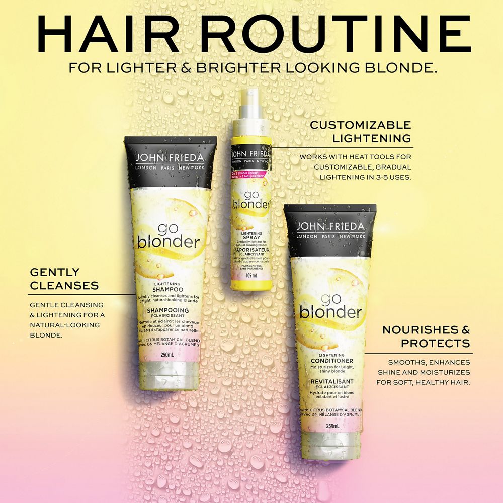 English: Gently cleanses gentle cleansing & lightening for a natural-looking blonde. Nourishes & protects smooths, enhances shine and moisturizes for soft, healthy hair. Français: Nettoie en douceur; nettoie et éclaircit en douceur vos cheveux pour un blond d’apparence naturelle. Nourrit et protège; lisse, donne du lustre et hydrate pour des cheveux doux et sains.