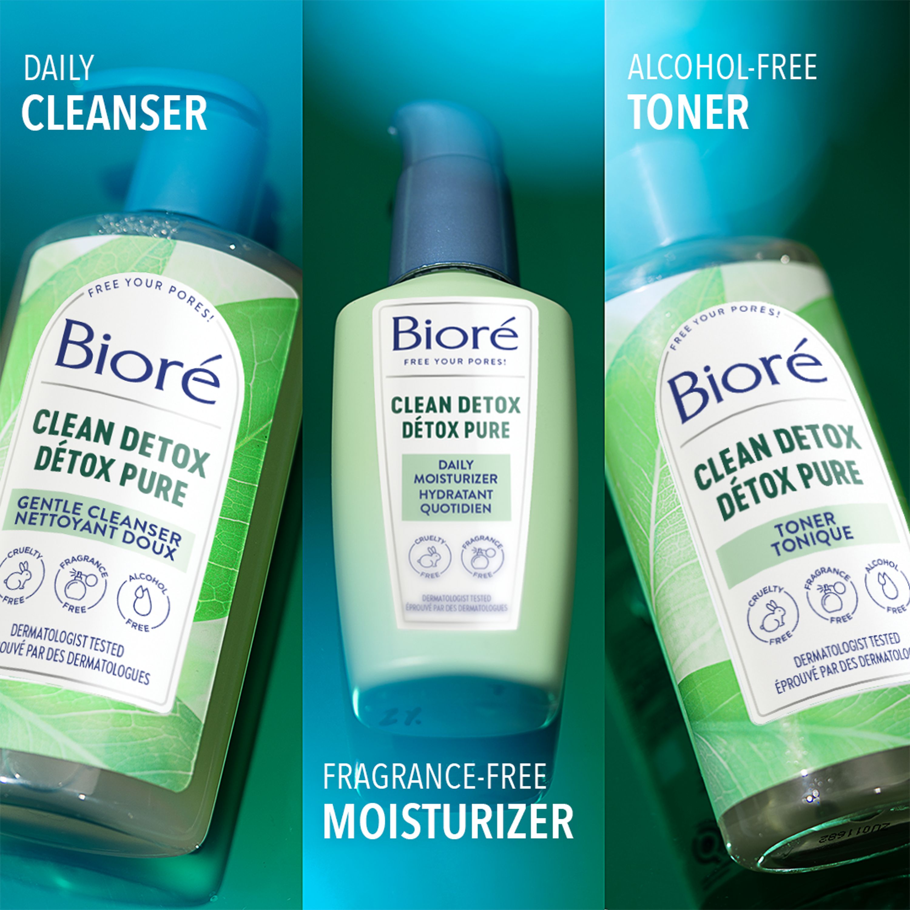 English: Daily cleanser, fragrance free moisturizer, alcohol-free toner Français: Nettoyant quotidien, hydratant sans parfum, tonique sans alcool.