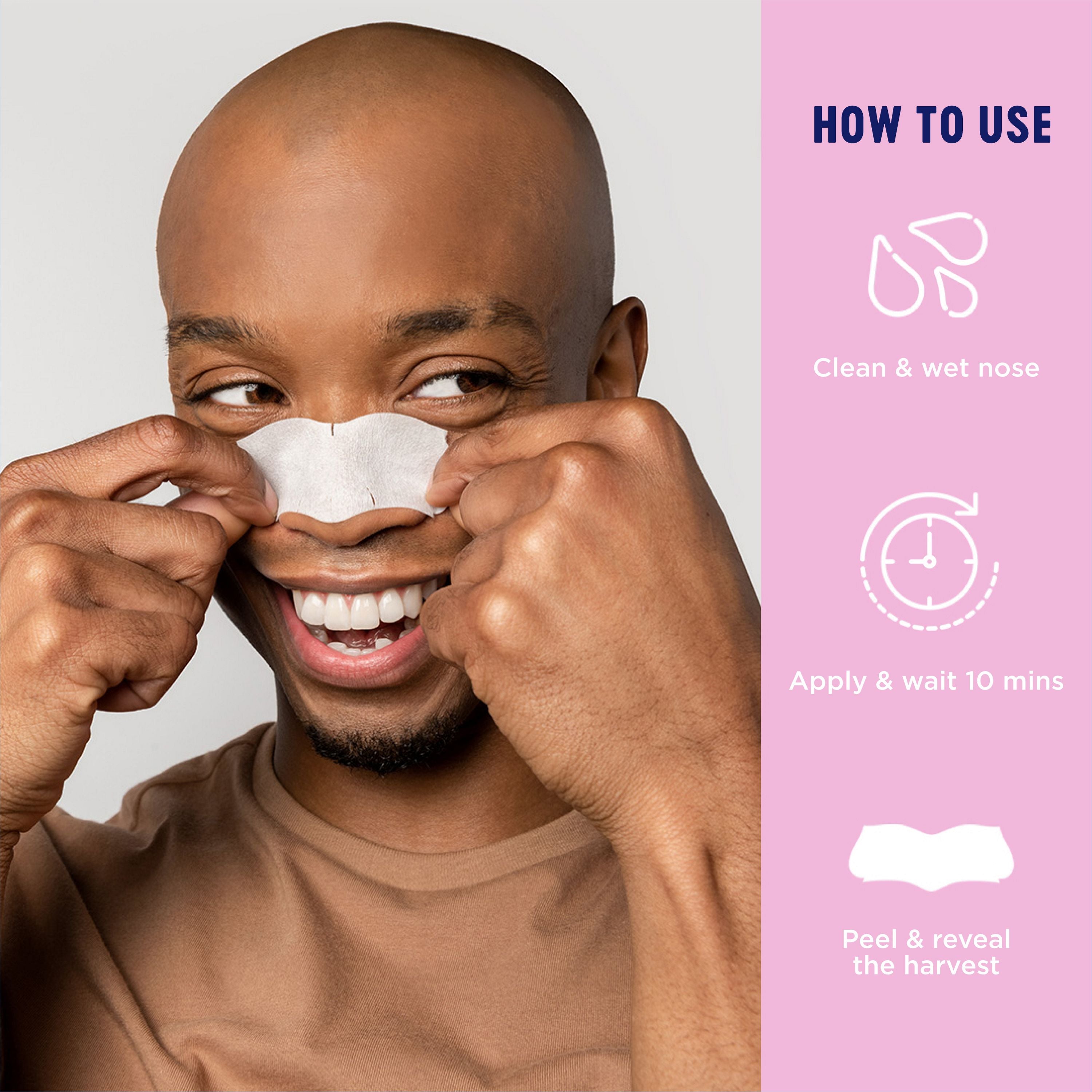 English: How to use, clean & wet nose, apply & wait 10 mins, peel & reveals the harvest Français: Mode d’emploi : nettoyer et mouiller le nez, appliquer et attendre 10 minutes, retirer la bande et voilà