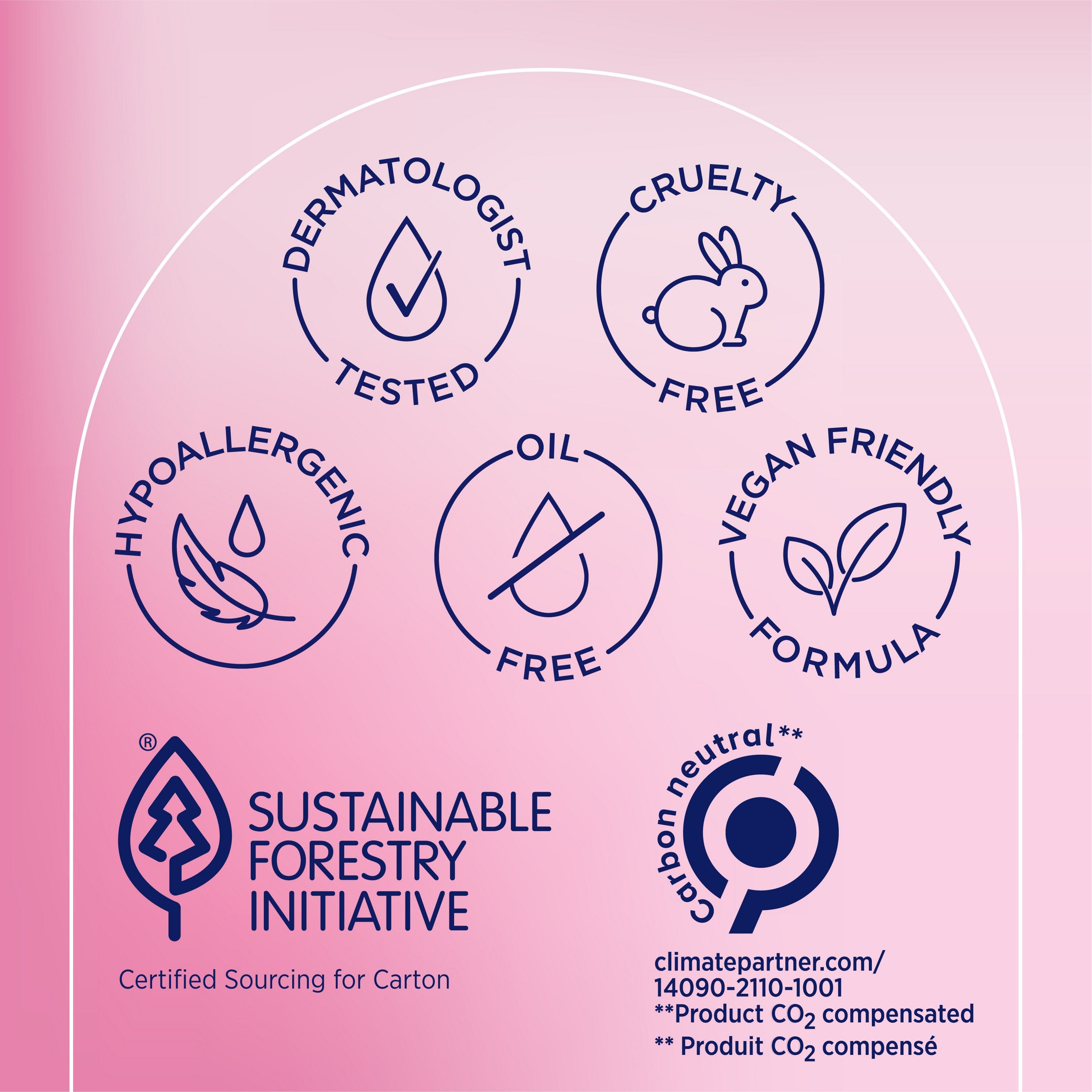 English: Dermatologist tested, cruelty free, hypoallergenic, oil free, vegan friendly formula. Sustainable forestry initiative, certified sourcing for carton Carbon neutral* Français: Éprouvé par des dermatologues, sans cruauté envers les animaux, hypoallergénique, sans huile, formule végane. Approvisionnement certifié Sustainable Forestry Initiative pour le carton. Carbon neutral*
