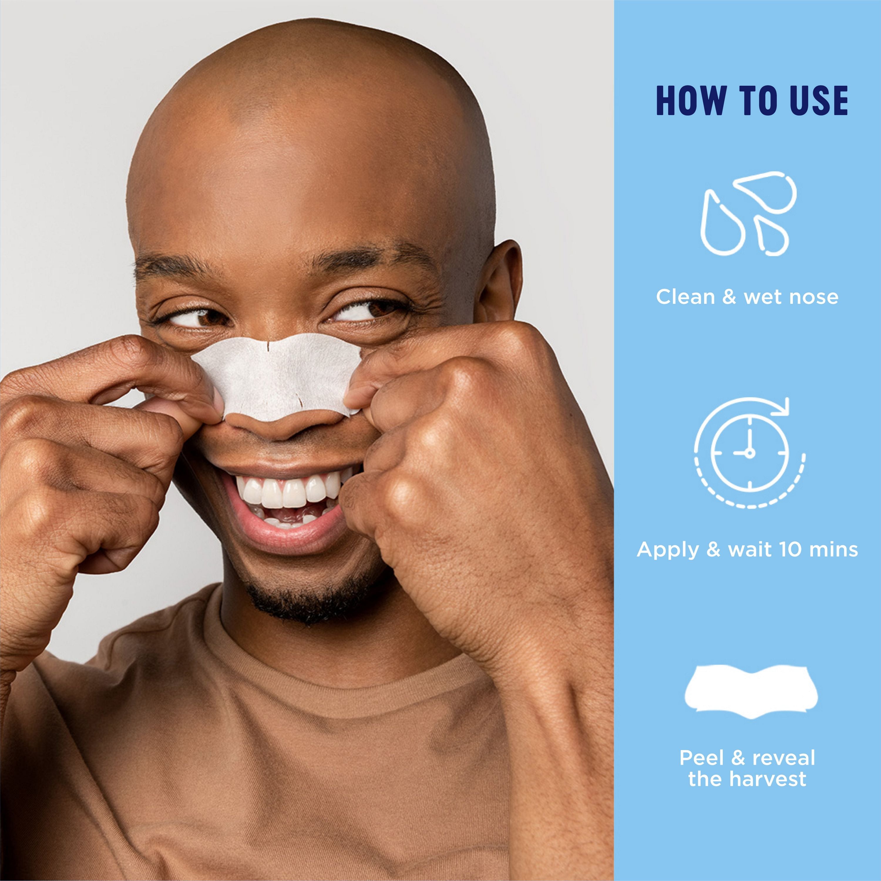 English: How to use, clean & wet nose. Apply and wait 10 mins. Peel & reveal the harvest Français: Mode d’emploi : nettoyer et mouiller le nez. Appliquer et attendre 10 minutes. Retirer la bande et voilà