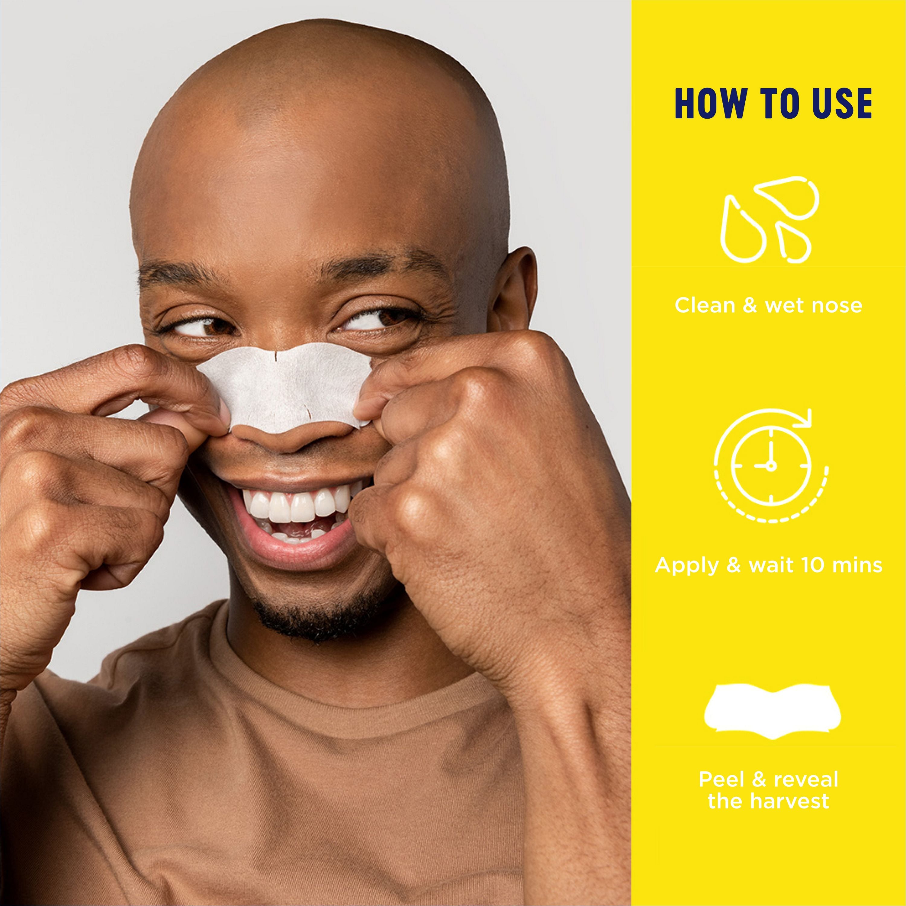 English: How to use. Clean & wet nose. Apply and wait 10 mins. Peel and reveal the harvest. Français: Mode d’emploi. Nettoyer et mouiller le nez. Appliquer et attendre 10 minutes. Retirer la bande et voilà.