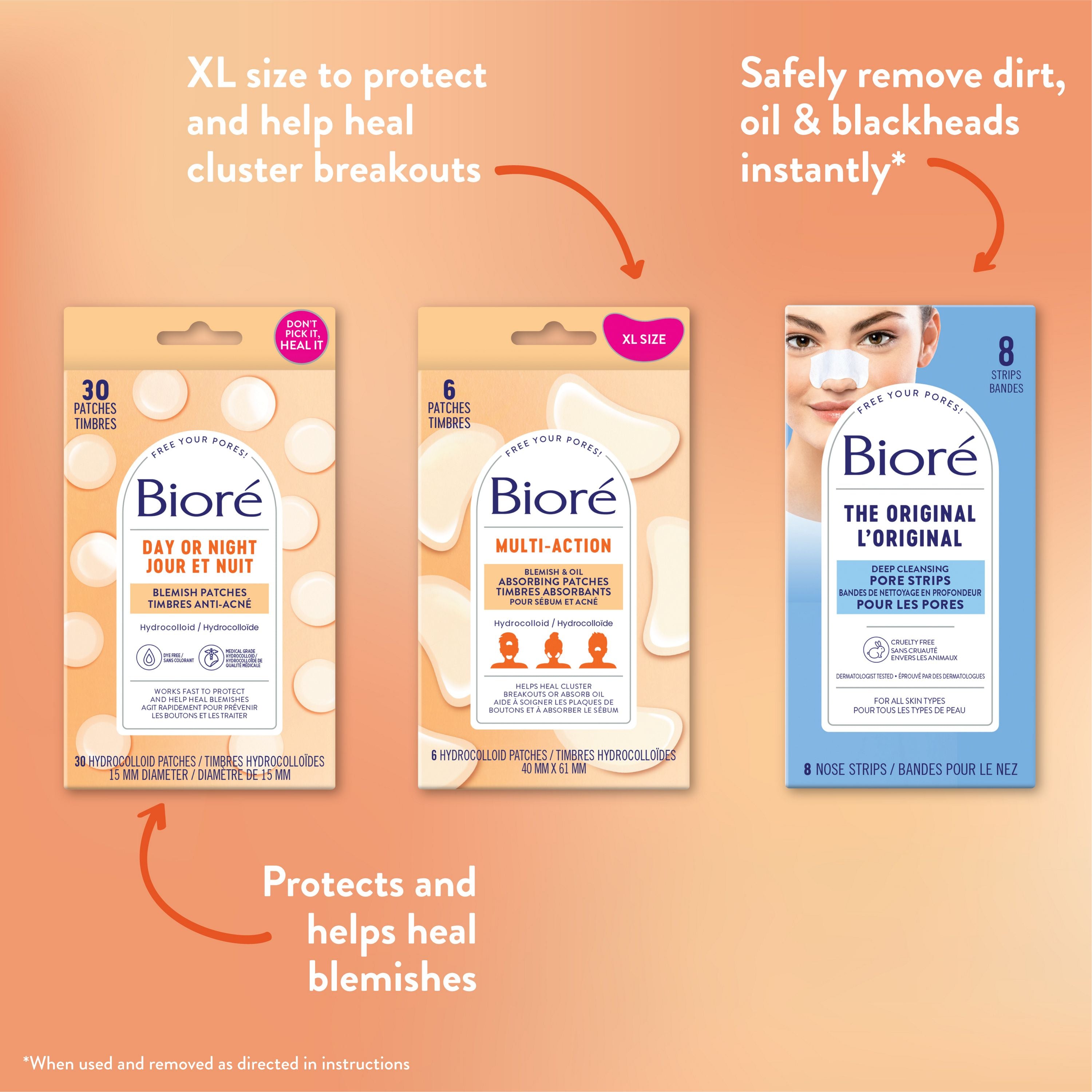 English: XL size to protect and help heal cluster breakouts. Protects and helps heal blemishes. Safely remove dirt, oil & blackheads instantly. When used and removed as directed in instructions. Français: Format TG pour protéger et aider à guérir les plaques de boutons. Protège et aide à guérir les boutons. Élimine instantanément les saletés, le sébum et les points noirs en toute sécurité. Lorsqu’utilisé et retiré selon le mode d’emploi.
