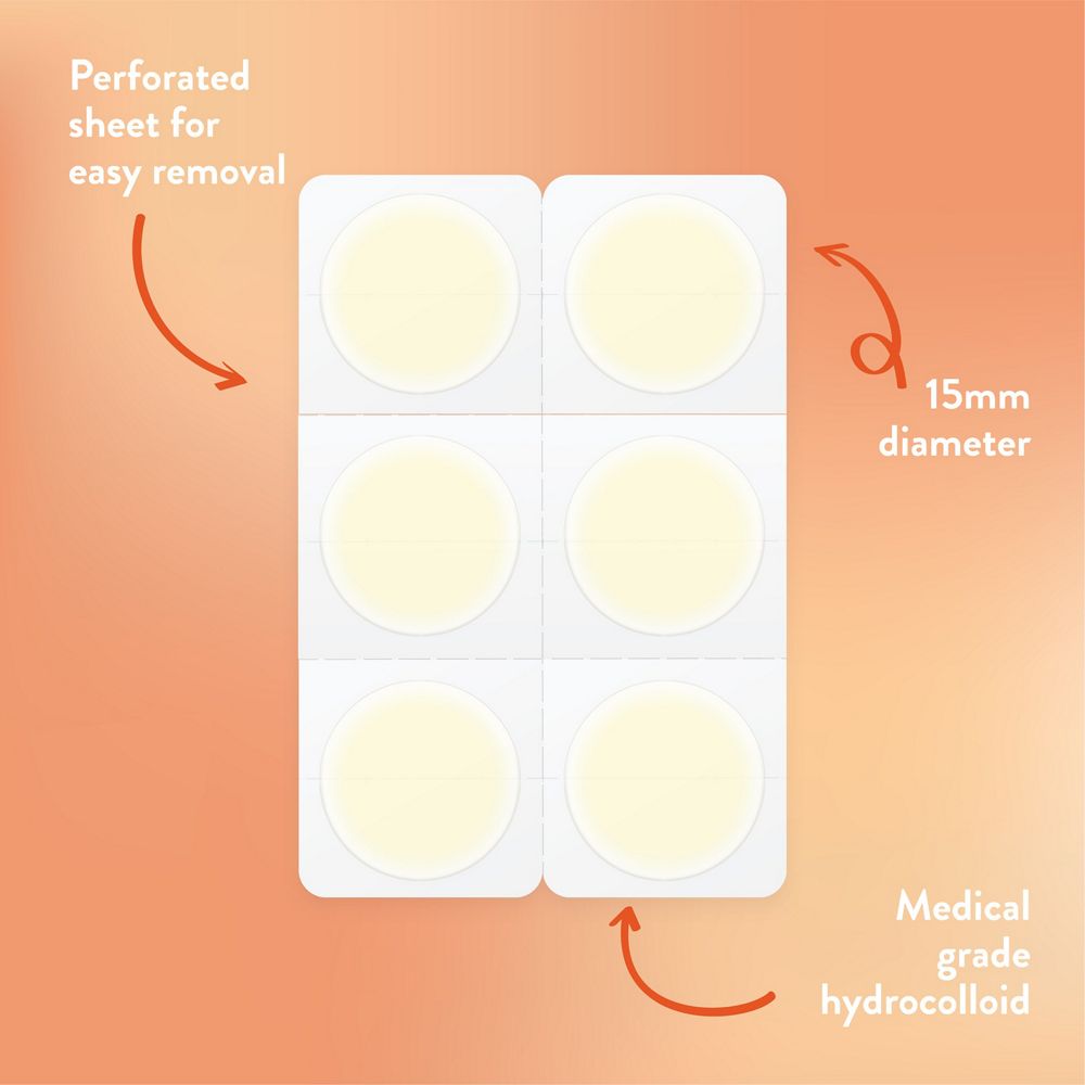 English: Perforated sheet for easy removal. 15mm diameter. Medical grade hydrocolloid. Français: Feuille perforée pour décoller facilement. Diamètre de 15 mm. Hydrocolloïde de qualité médicale.
