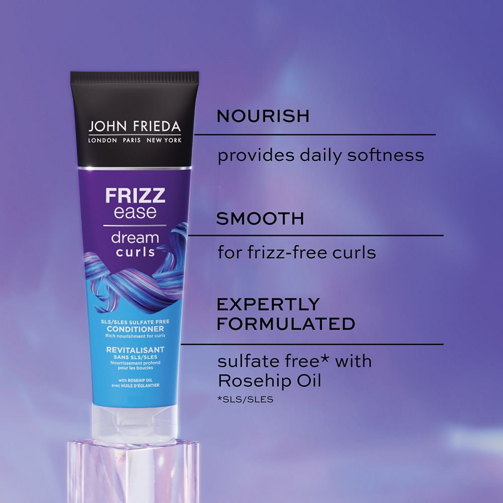 English: Nourish provides daily softness, smooth for frizz-free curls, expertly formulated sulphate free* with Rosehip oil *SLS/SLES Français: Nourrit et procure de la douceur au quotidien, lisse pour des boucles sans frisottis, ingénieusement formulé sans sulfates*, avec huile d’églantier *SLS/SLES