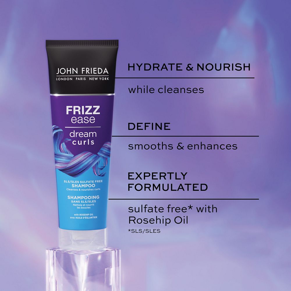 English: Hydrate & nourish while cleanses define smooths enhances expertly formulated sulfate free* SLS/SLES with rosehip oil Français: Hydrate et nourrit tout en nettoyant; définit, lisse et rehausse; ingénieusement formulé sans sulfates*, avec huile d’églantier
*SLS/SLES