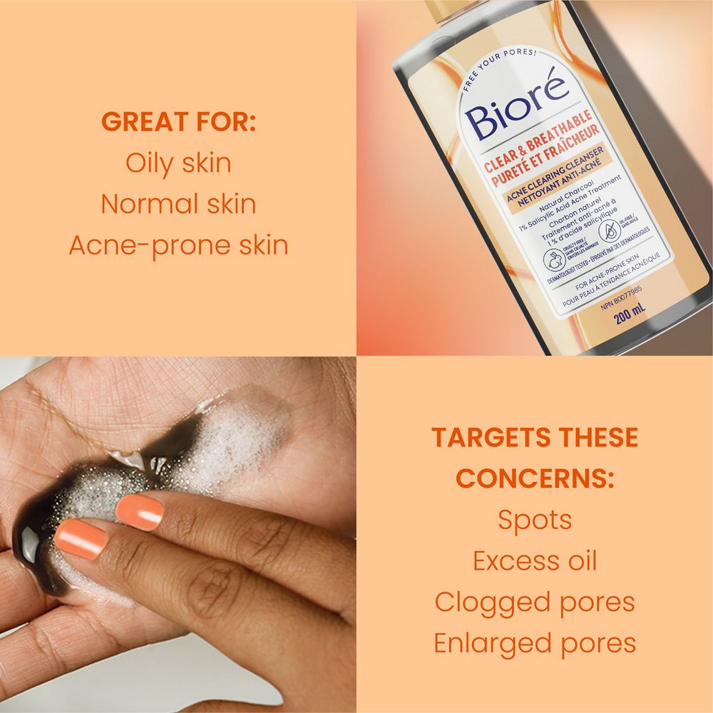 English: Great for: oily skin, normal skin, acne-prone skin. Targets these concerns: spots, excess oil, clogged pores, enlarged pores. Français: Idéal pour : peau grasse, peau normale, peau sujette à l’acné. Cible ces problèmes cutanés : boutons, excès de sébum, pores obstrués, pores dilatés.