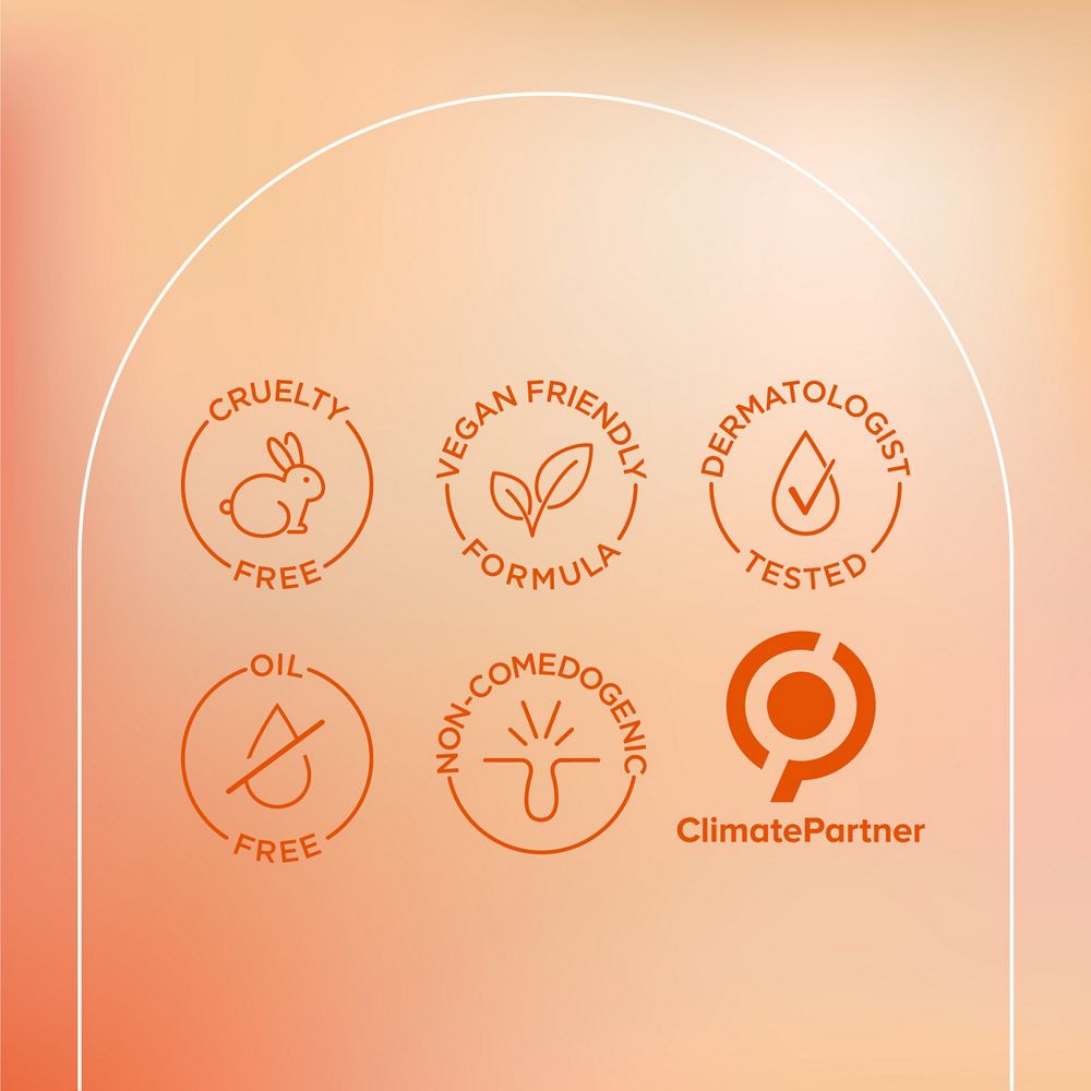 English: cruelty free, vegan friendly formula, dermatologist tested, oil free, non-comedogenic climate partner Français: sans cruauté envers les animaux, formule végane, éprouvé par des dermatologues, sans huile, non comédogène, Climate Partner
