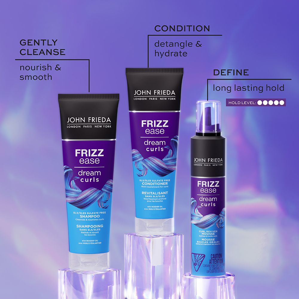 English: Gently cleanse nourish & smooth Condition detangle & hydrate define long lasting hold Français: Nettoie en douceur, nourrit et lisse; revitalise, démêle et hydrate; définit et offre une tenue longue durée