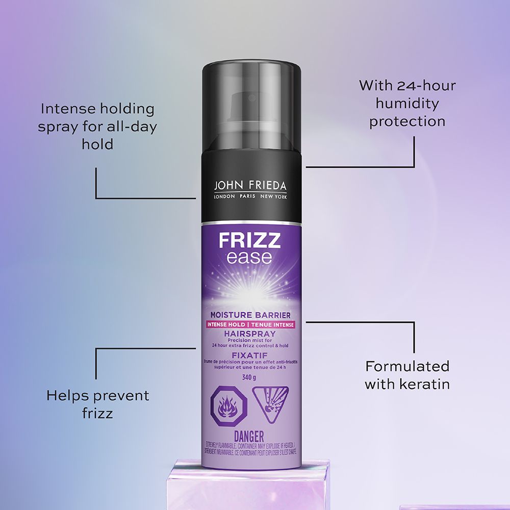 English: Intense holding spray for all-day hold. With 24-hour humidity protection. Helps prevent frizz. Formulated with keratin. Français: Fixatif à tenue intense longue durée Protège contre l’humidité pendant 24 heures. Aide à prévenir les frisottis. Formule enrichie de kératine.