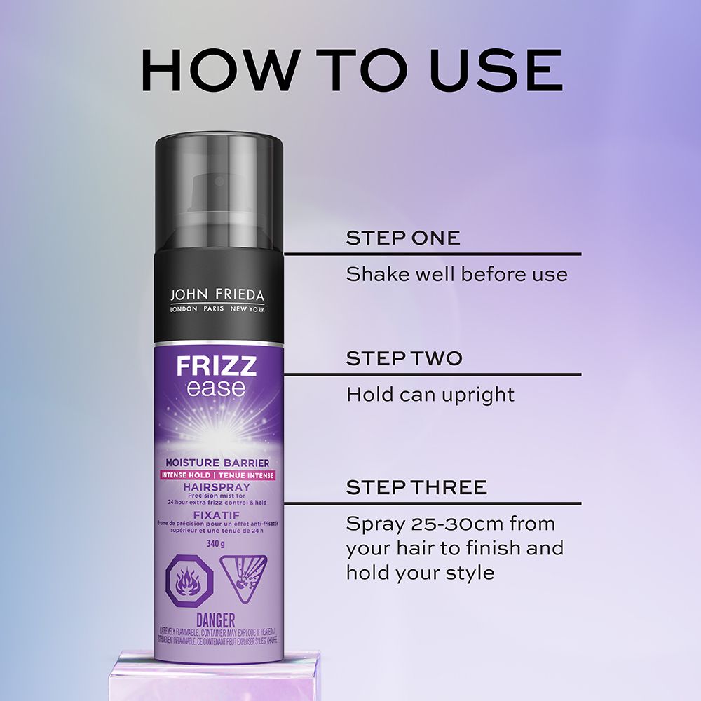 English: How to use. Step one shake well before use. Step two hold can upright. Step three spray 25-30cm from your hair to finish and hold your style. Français: Mode d’emploi. Première étape : bien agiter avant l’usage. Deuxième étape : tenir le vaporisateur en position verticale. Troisième étape : à une distance de 25 à 30 cm des cheveux, vaporiser pour la finition et le maintien de la coiffure.