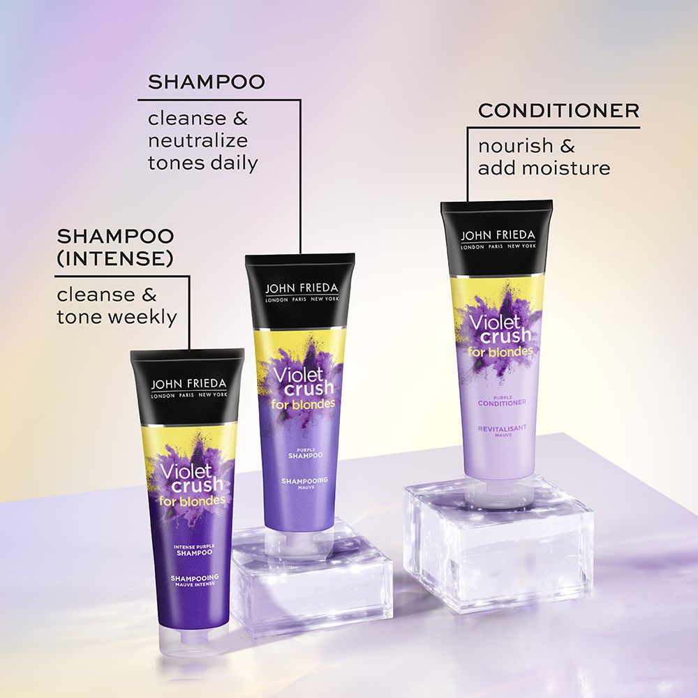 English: Shampoo (Intense) cleanse & tone weekly. Shampoo cleanse & neutralize tones daily. Conditioner, nourish & add moisture Français: Shampooing (intense) : nettoie et nuance, pour un usage hebdomadaire. Shampooing : nettoie et neutralise les teintes, pour un usage quotidien. Revitalisant : nourrit et hydrate.