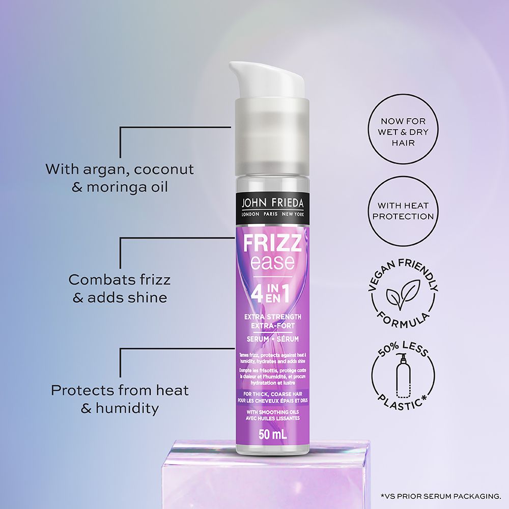 English: With argan, coconut & moringa oil, combats frizz & adds shine, protects from heat & humidity. For wet & dry hair with heat protection. Vegan friendly formula, 50% less plastic. Français: Avec huiles d’argan, de noix de coco et de moringa, combat les frisottis et ajoute du lustre, protège contre la chaleur et l’humidité. Pour cheveux mouillés ou secs, avec protection contre la chaleur. Formule convenant aux végétaliens, 50 % moins de plastique.