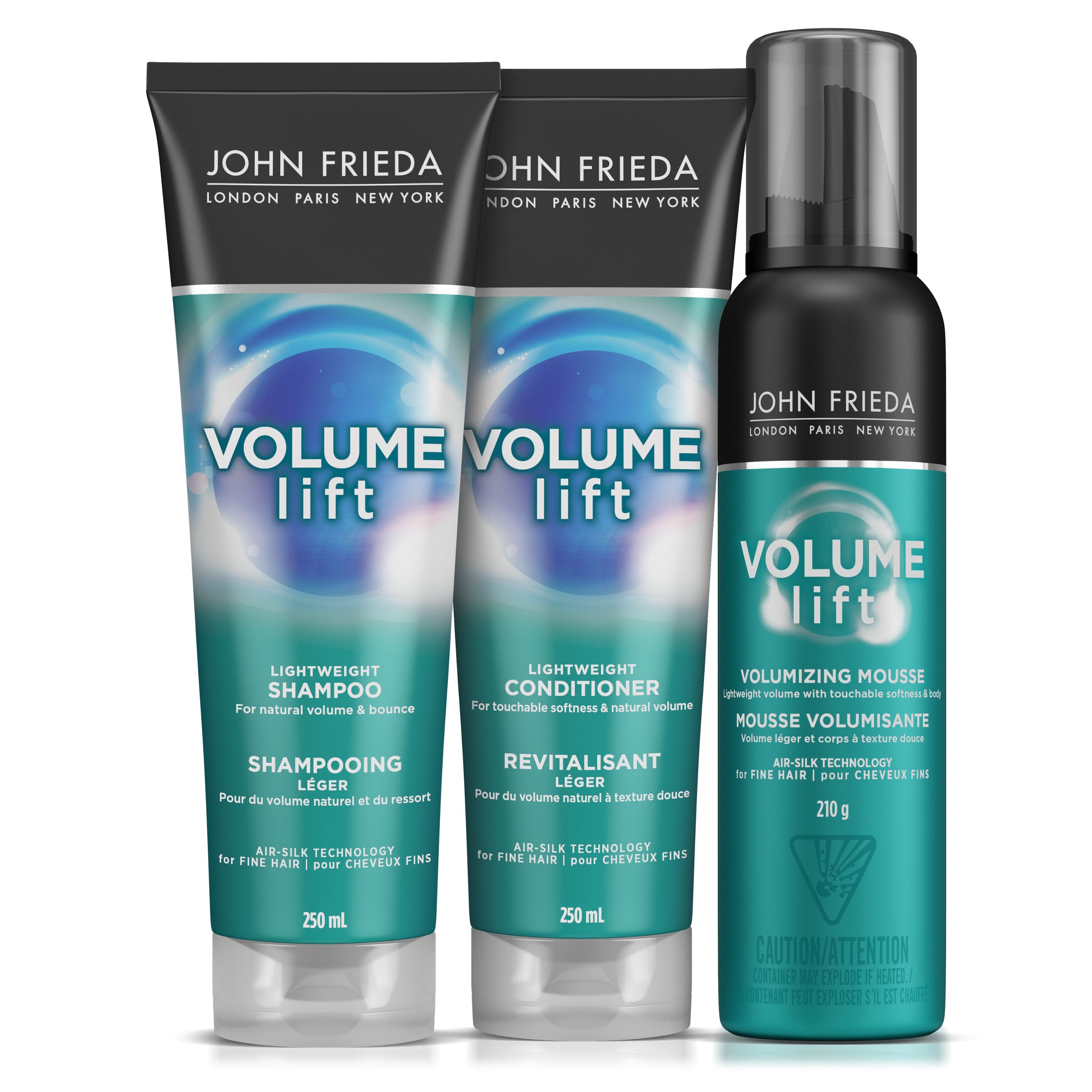 English: Volume Lift Bundle product package shot. The shampoo and conditioner come in squezze tubes and the Mousee comes in a pump can. Français: Photo de l’emballage du produit Ensemble Volume Lift. Le shampooing et le revitalisant sont offerts dans des tubes à presser et la mousse est offerte dans un contenant à presser.