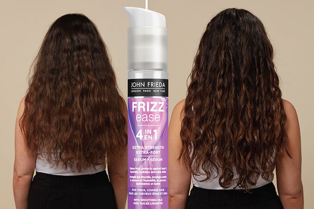 Before and after of woman using John Frieda Frizz Ease Extra Strength Serum
