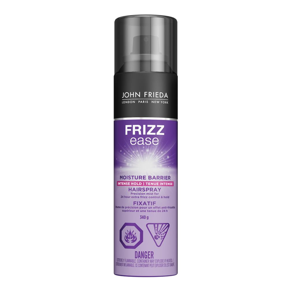 English: The Frizz Ease® Moisture Barrier Intense Hold Hairspray comes in a cylinder container. Français: Le fixatif Frizz EaseMD Moisture Barrier à tenue intense est offert dans un contenant cylindrique.