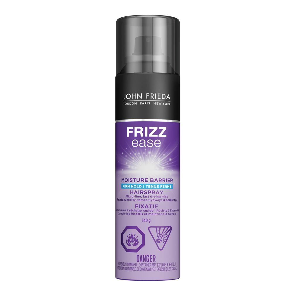 English: Frizz Ease® Moisture Barrier Firm Hold Hairspray product image. The packaging is a small cylinder can. Français: Image du produit Fixatif Frizz EaseMD Moisture Barrier à tenue ferme. L’emballage est une petite bouteille cylindrique.