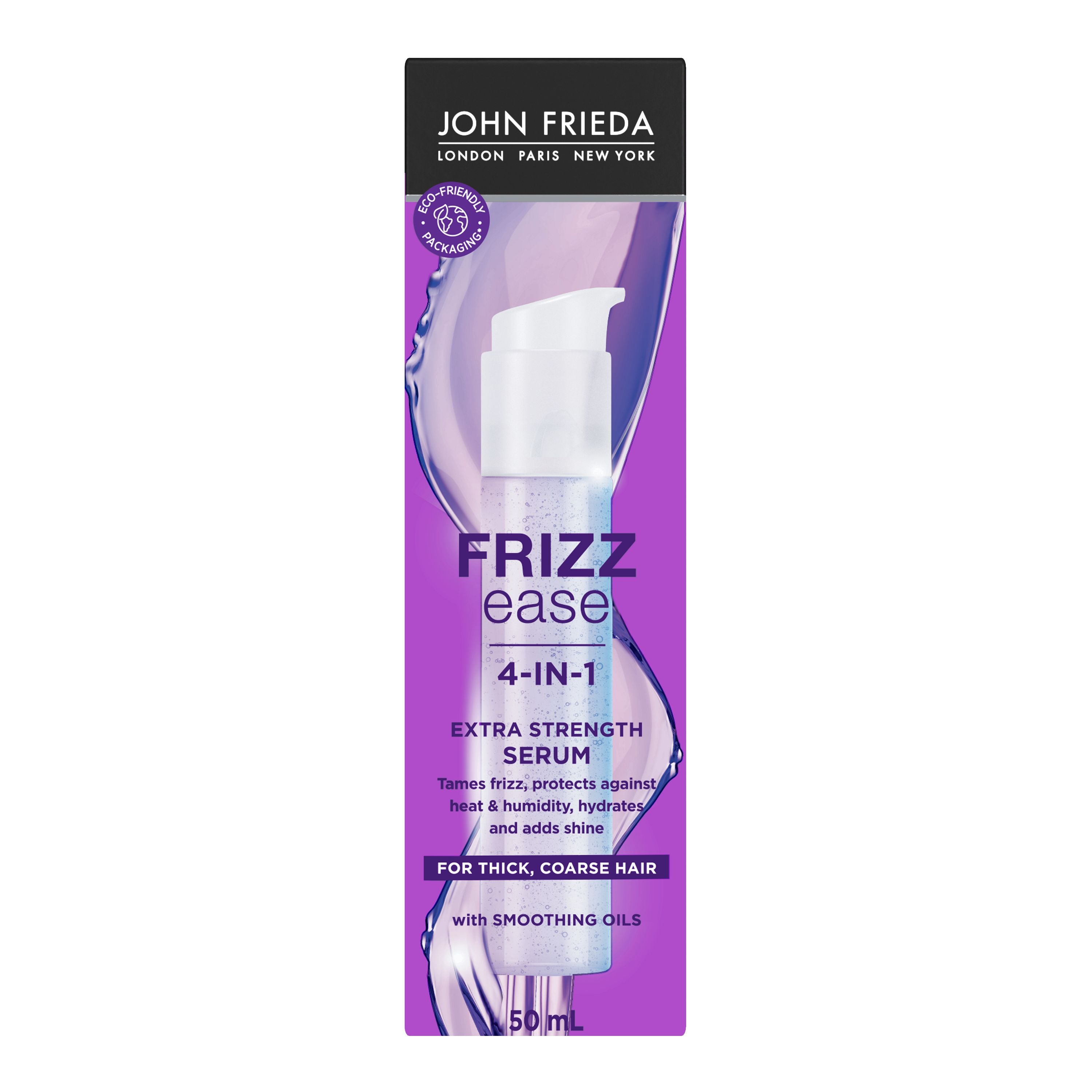 English: Frizz Ease® Extra Strength Serum packaging image. It comes in a thin rectangle box. Français: Image de l’emballage Sérum extra-fort Frizz EaseMD. Offert dans une boîte mince rectangulaire.