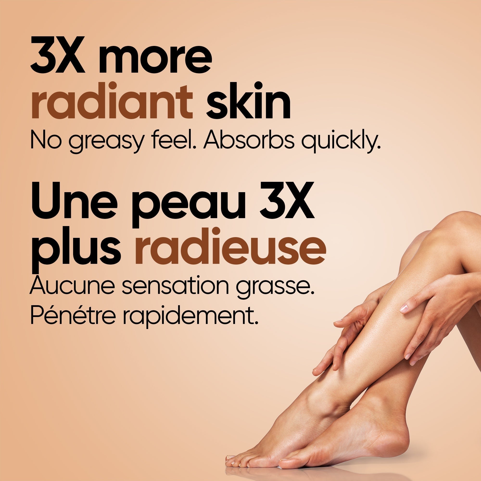 English: 3x more radiant skin no greasy feel. Absorbs quickly Français: Une peau 3x plus radieuse, sans sensation grasse. À absorption rapide