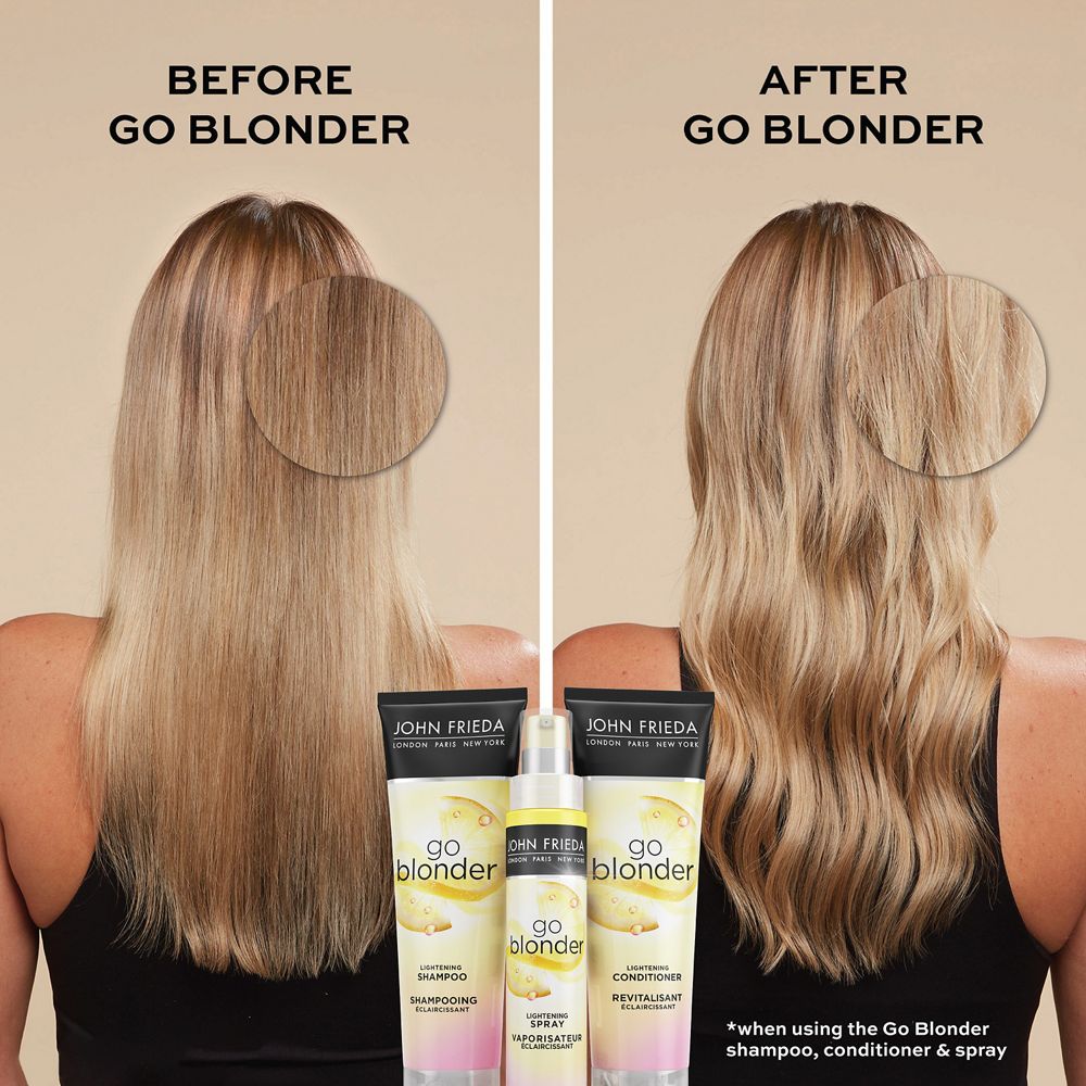 English: Before go blonder, after go blonder *when using the Go Blonder shampoo, conditioner & spray Français: Avant Go Blonder, après Go Blonder *avec l’utilisation du shampooing, du revitalisant et du vaporisateur Go Blonder