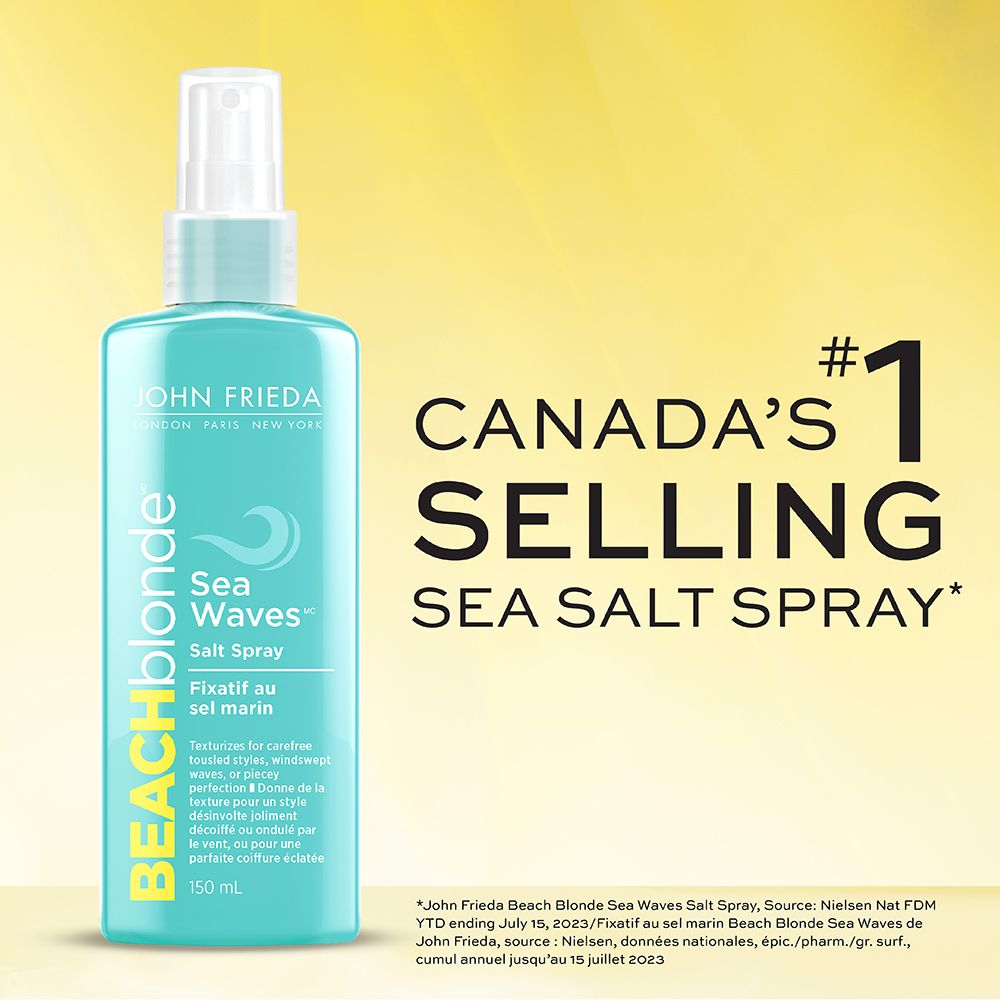 English: Canada’s #1 selling sea salt spray. John Frieda Beach Sea Waves Salt Spray Français: Le fixatif au sel marin le plus vendu au Canada. Fixatif au sel marin Beach Blonde Sea Waves de John Frieda